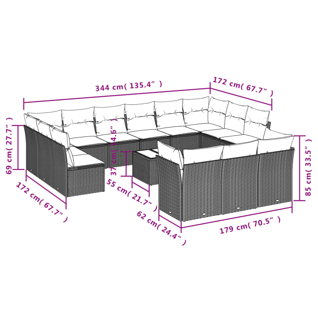 Set Divani da Giardino 14 pz con Cuscini Marrone in Polyrattan | homemem39