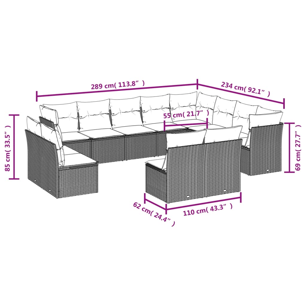 Set Divani da Giardino 12 pz con Cuscini Nero in Polyrattan