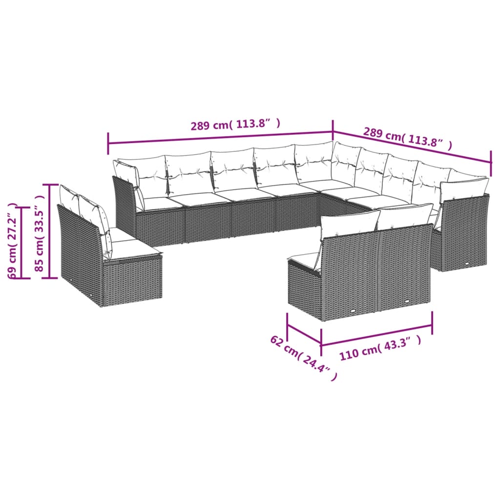 Set Divani da Giardino 13 pz con Cuscini Nero in Polyrattan | homemem39