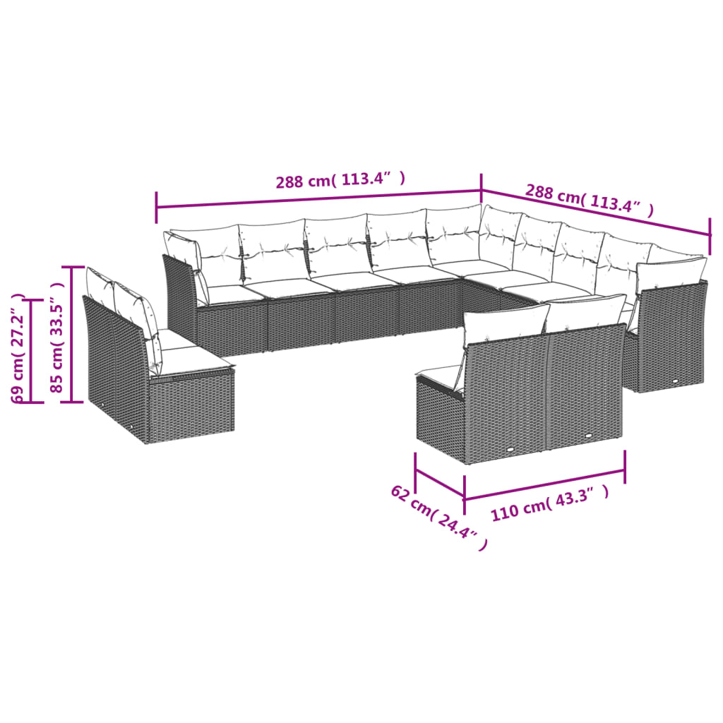 Set Divani da Giardino 13 pz con Cuscini Grigio in Polyrattan | homemem39