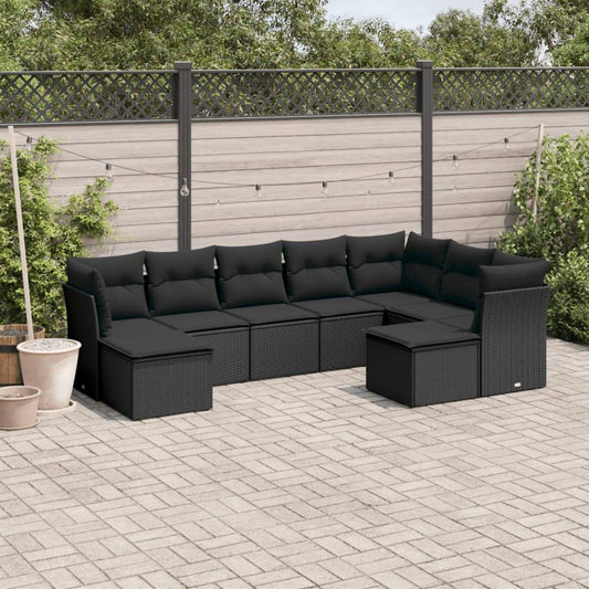 Set Divani da Giardino 9 pz con Cuscini Nero in Polyrattan - homemem39