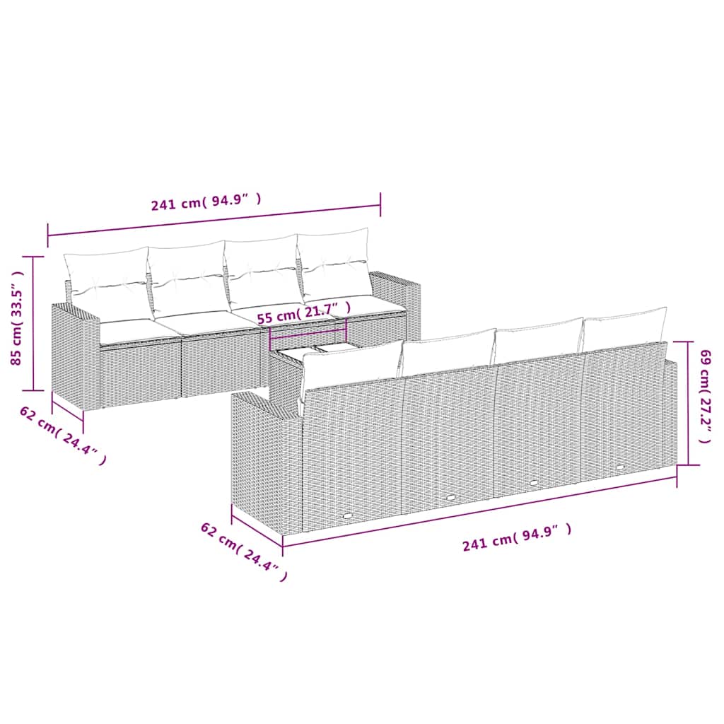 Set Divani da Giardino 9 pz con Cuscini Nero in Polyrattan | homemem39