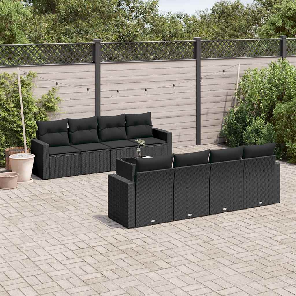 Set Divani da Giardino 9 pz con Cuscini Nero in Polyrattan | homemem39