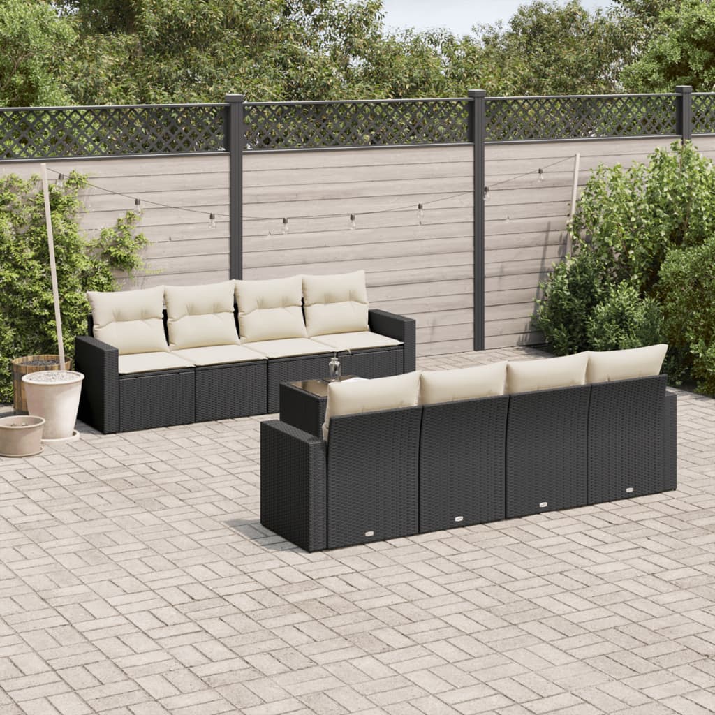 Set Divani da Giardino 9 pz con Cuscini Nero in Polyrattan | homemem39