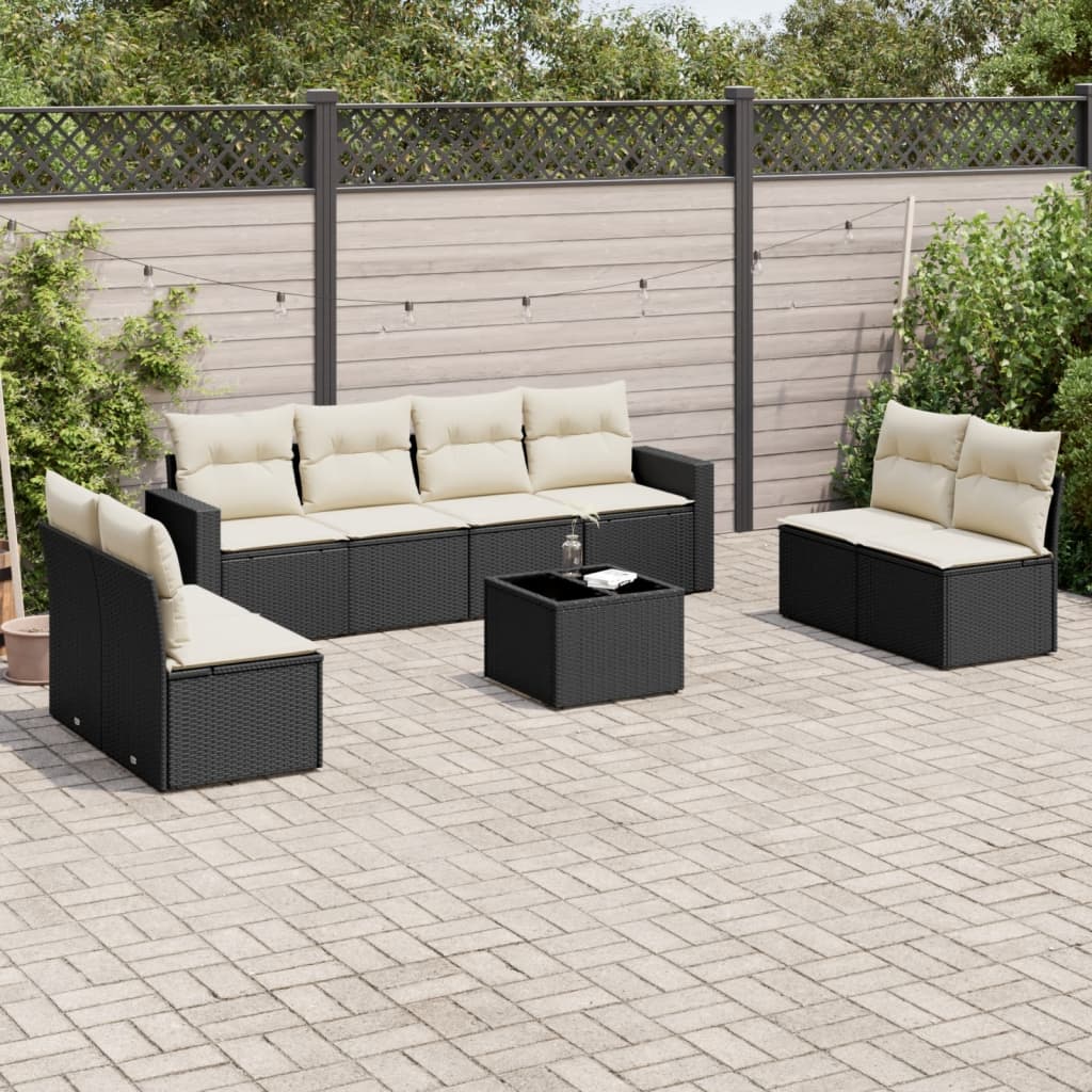 Set Divani da Giardino 9 pz con Cuscini Nero in Polyrattan | homemem39