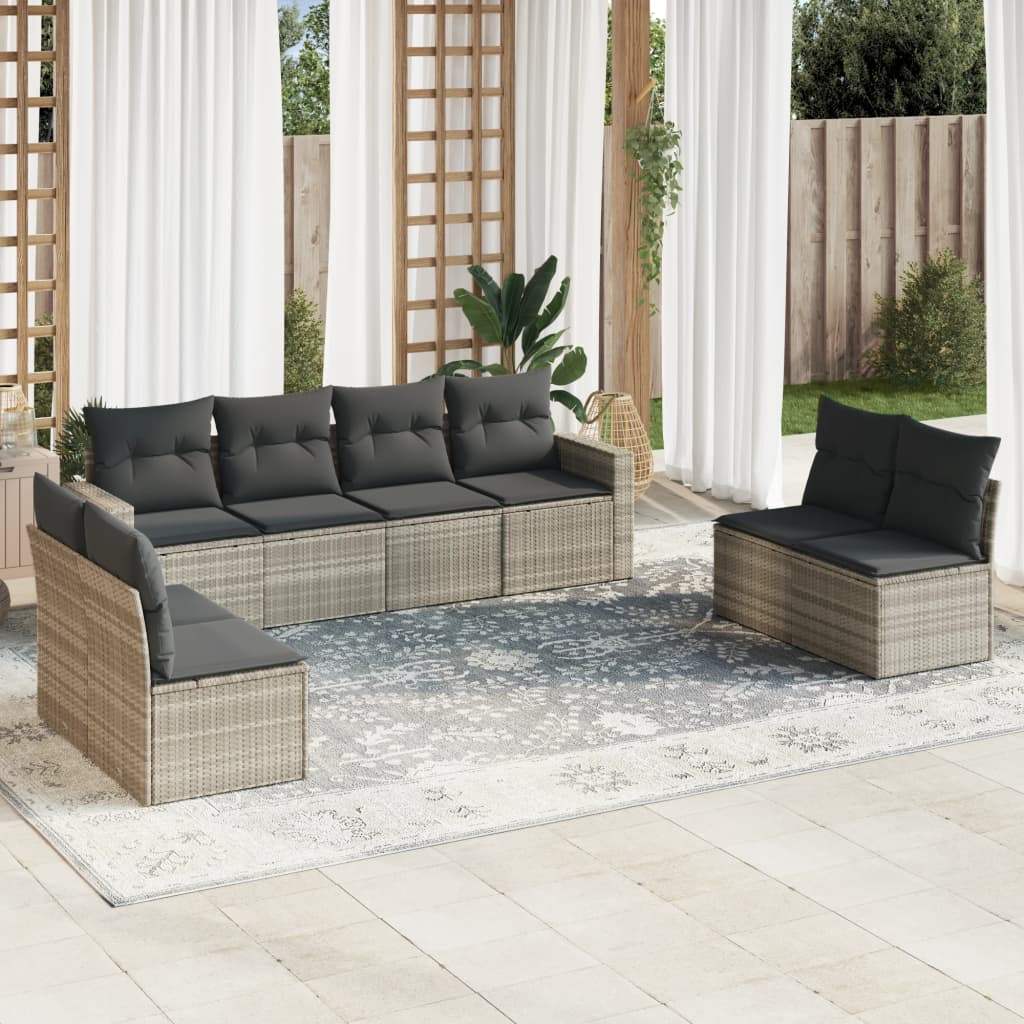 Set Divano da Giardino 9pz con Cuscini Grigio Chiaro Polyrattan - homemem39