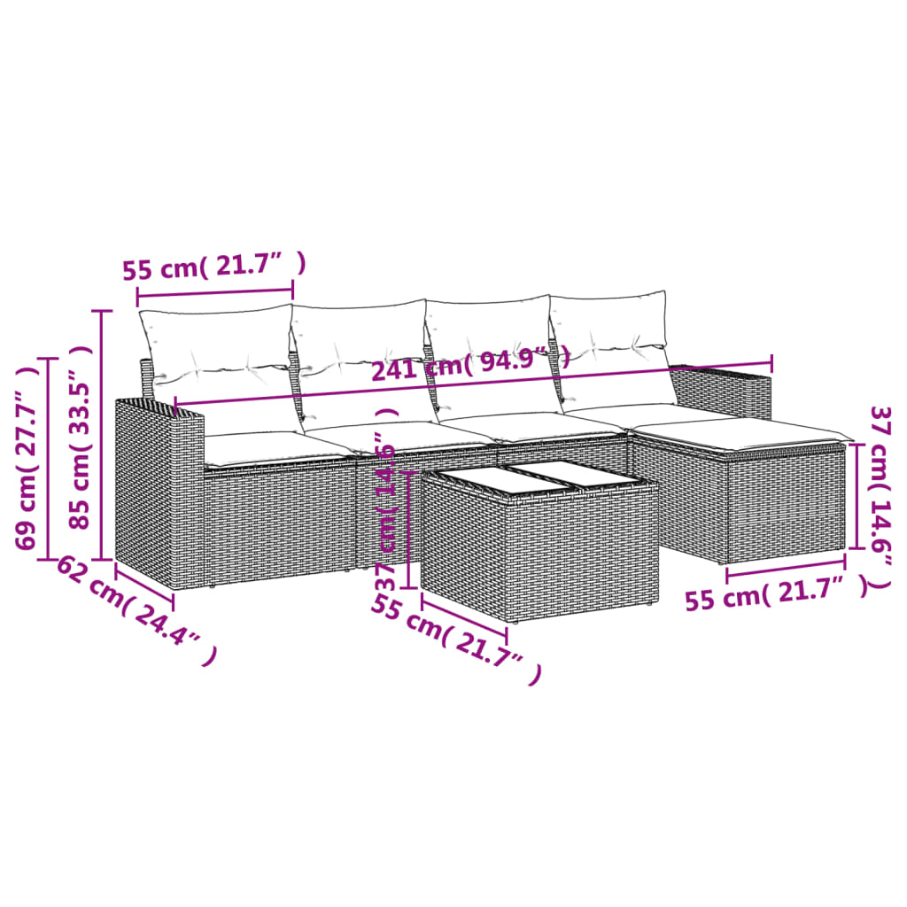 Set Divano da Giardino 6 pz con Cuscini Nero in Polyrattan | homemem39