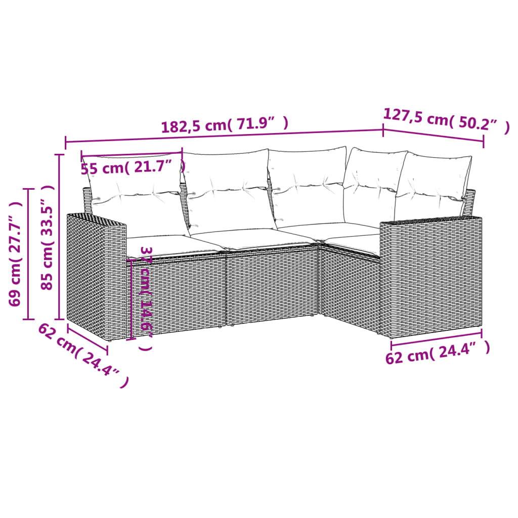 Set Divano da Giardino 4 pz con Cuscini Beige in Polyrattan | homemem39