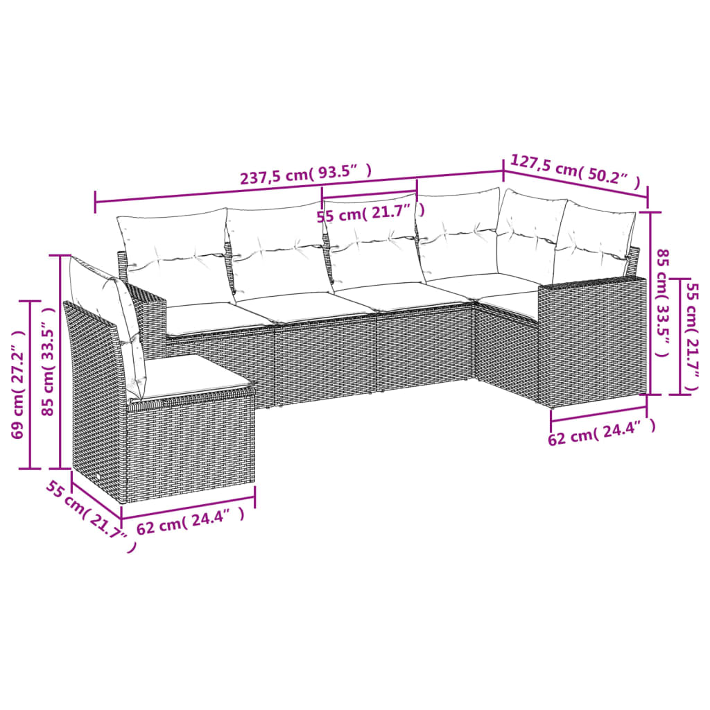Set Divano da Giardino 6 pz con Cuscini Beige in Polyrattan | homemem39