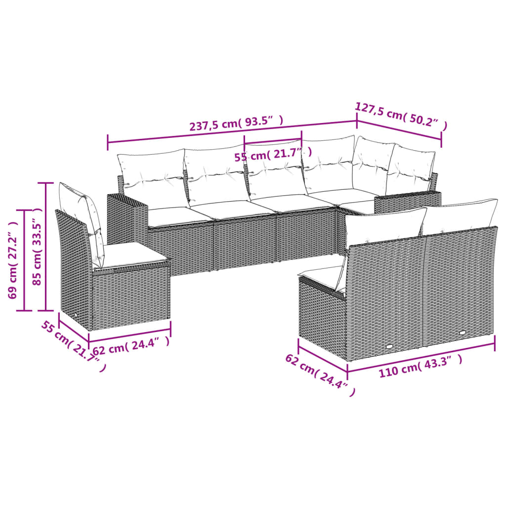 Set Divani da Giardino con Cuscini 8 pz Nero in Polyrattan | homemem39