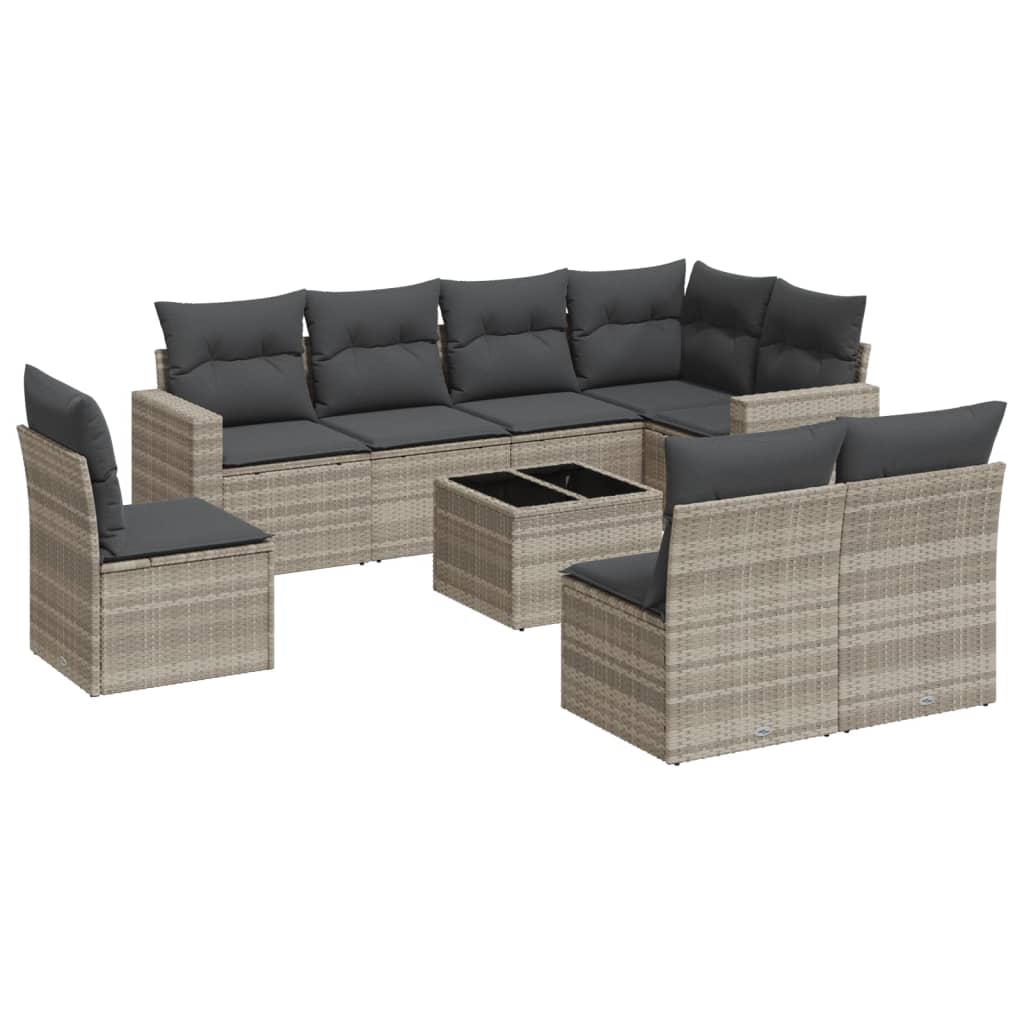 Set Divano da Giardino 9pz con Cuscini Grigio Chiaro Polyrattan