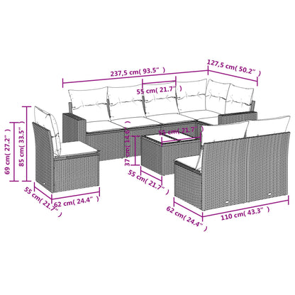 Set Divano da Giardino 9pz con Cuscini Grigio Chiaro Polyrattan