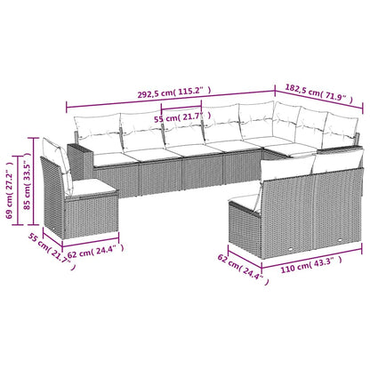 Set Divani da Giardino 10pz con Cuscini in Polyrattan Nero