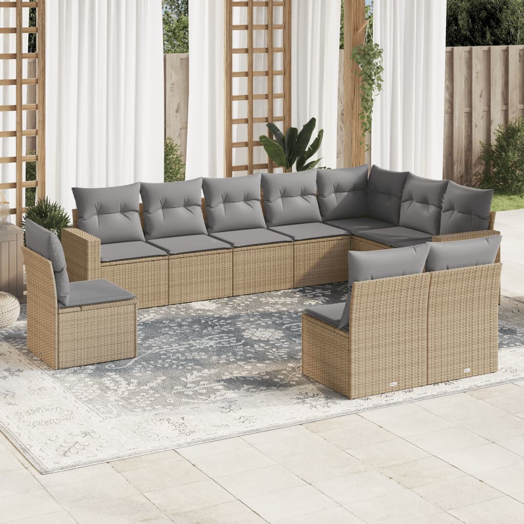 Set Divano da Giardino 10 pz con Cuscini Beige in Polyrattan | homemem39