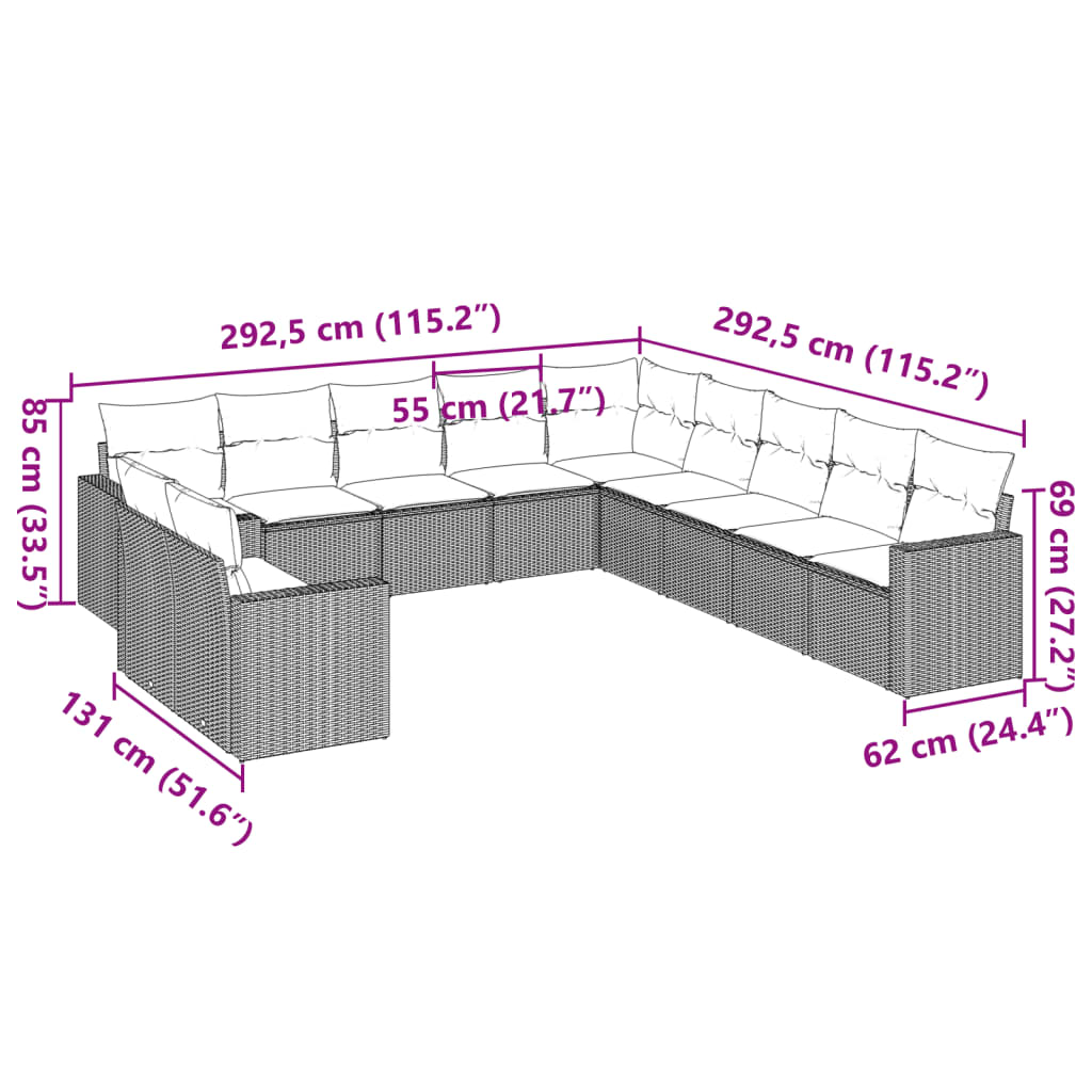 Set Divani da Giardino 11 pz con Cuscini Polyrattan Marrone
