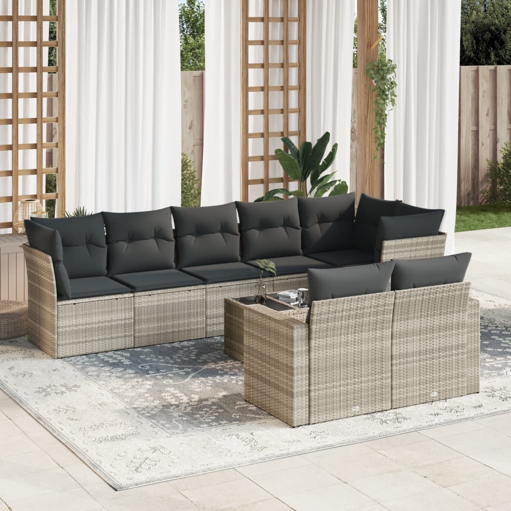 Set Divano da Giardino 9pz con Cuscini Grigio Chiaro Polyrattan