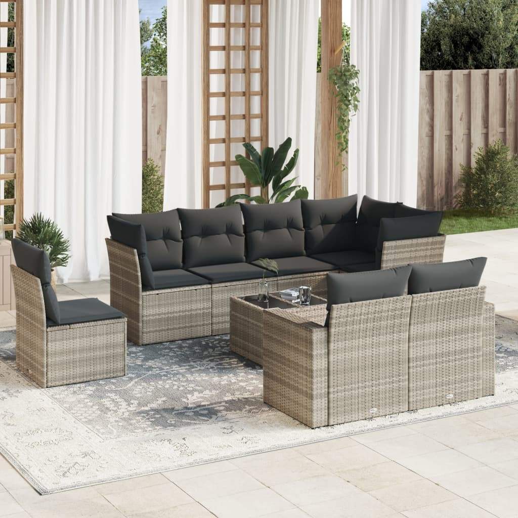 Set Divano da Giardino 9pz con Cuscini Grigio Chiaro Polyrattan - homemem39
