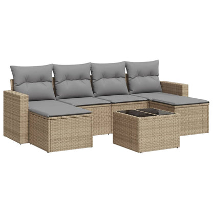 Set Divani da Giardino 7 pz con Cuscini Beige in Polyrattan