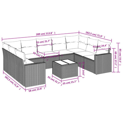 Set Divano da Giardino 10 pz con Cuscini Grigio in Polyrattan