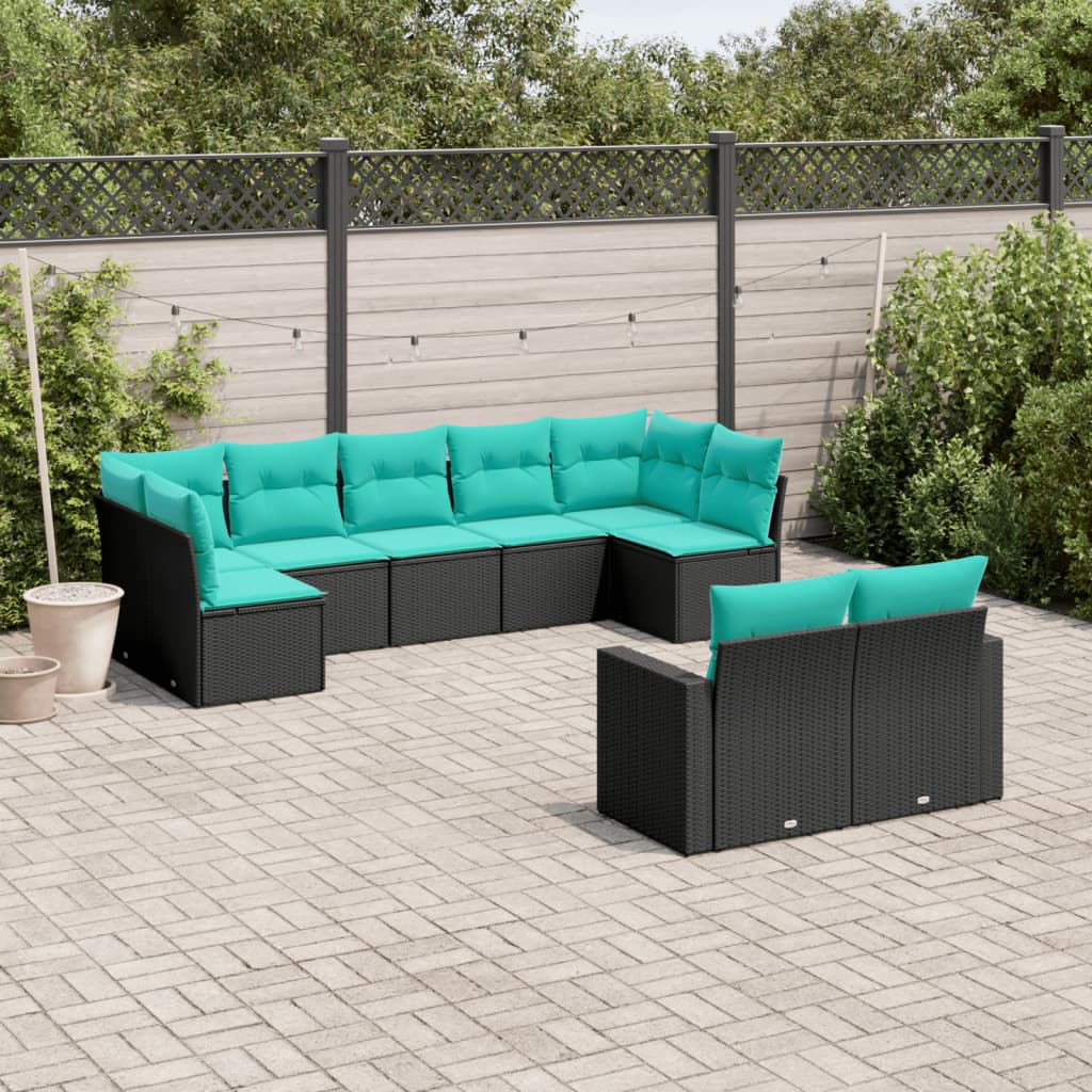 Set Divani da Giardino 9 pz con Cuscini Nero in Polyrattan | homemem39