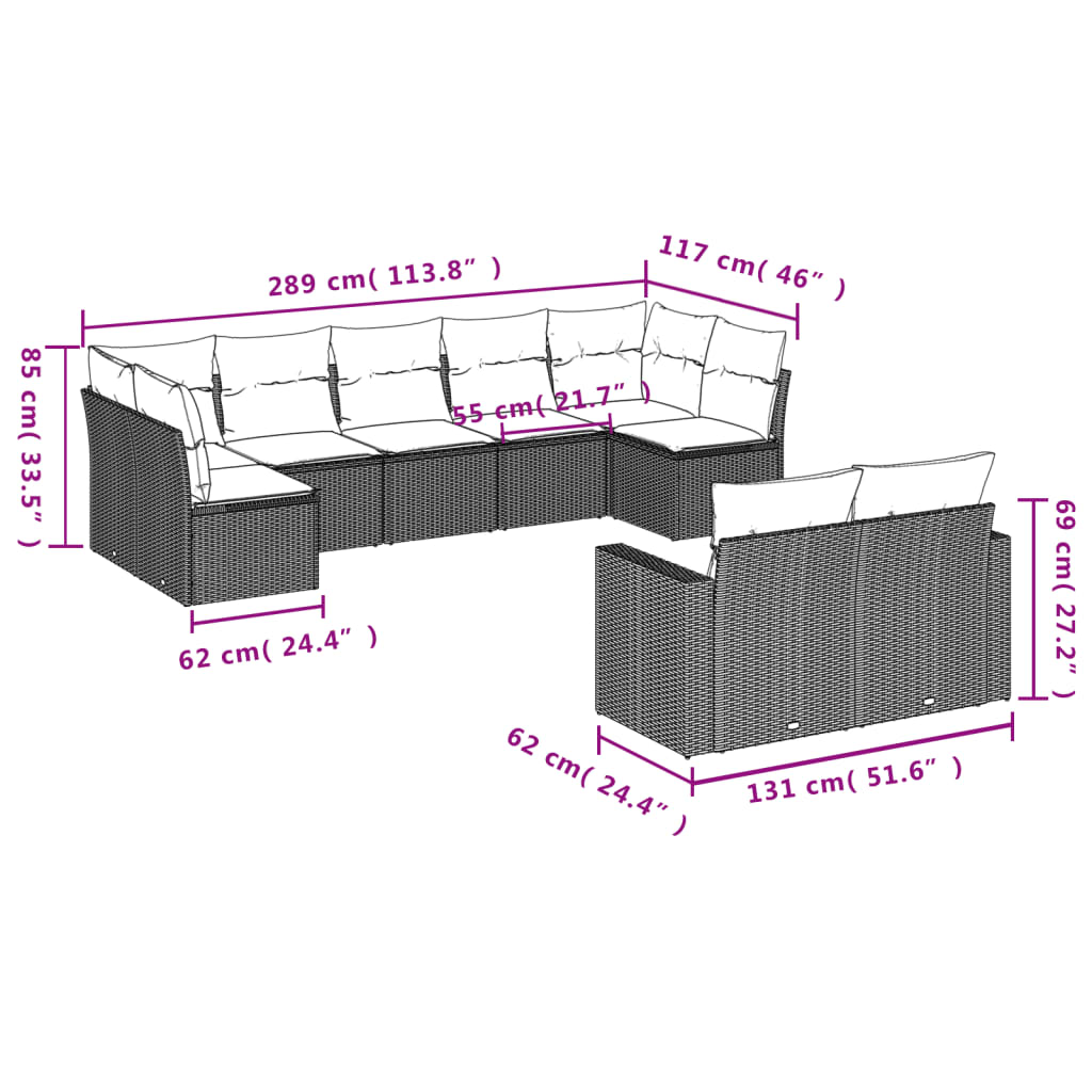 Set Divano da Giardino 9 pz con Cuscini Beige in Polyrattan | homemem39