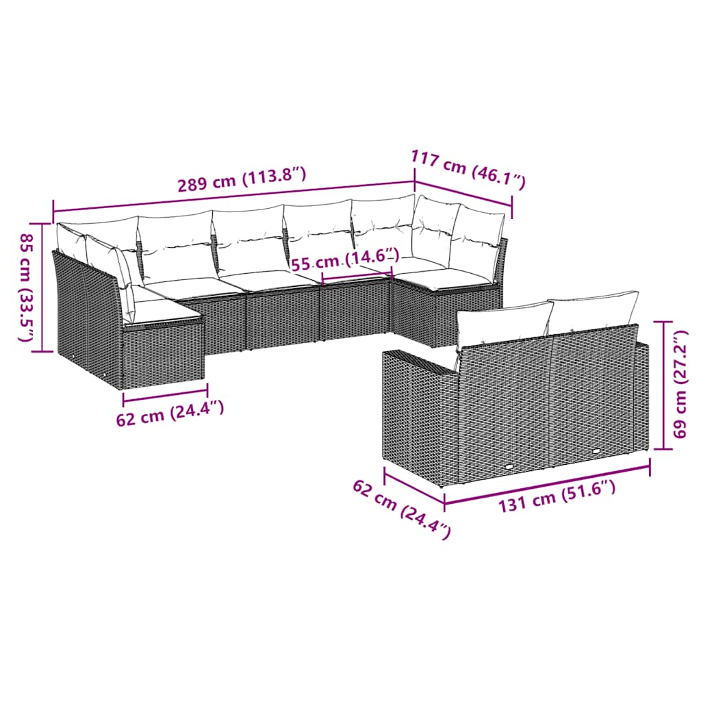 Set Divani da Giardino 9pz con Cuscini Marrone in Polyrattan | homemem39