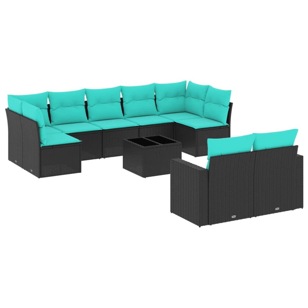 Set Divani da Giardino 10 pz con Cuscini Nero in Polyrattan - homemem39