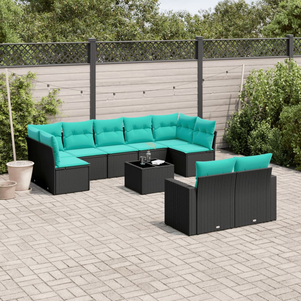 Set Divani da Giardino 10 pz con Cuscini Nero in Polyrattan | homemem39