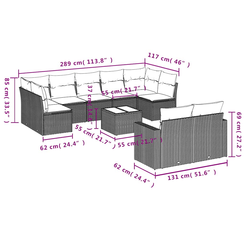 Set Divani da Giardino 10 pz con Cuscini Grigio in Polyrattan | homemem39