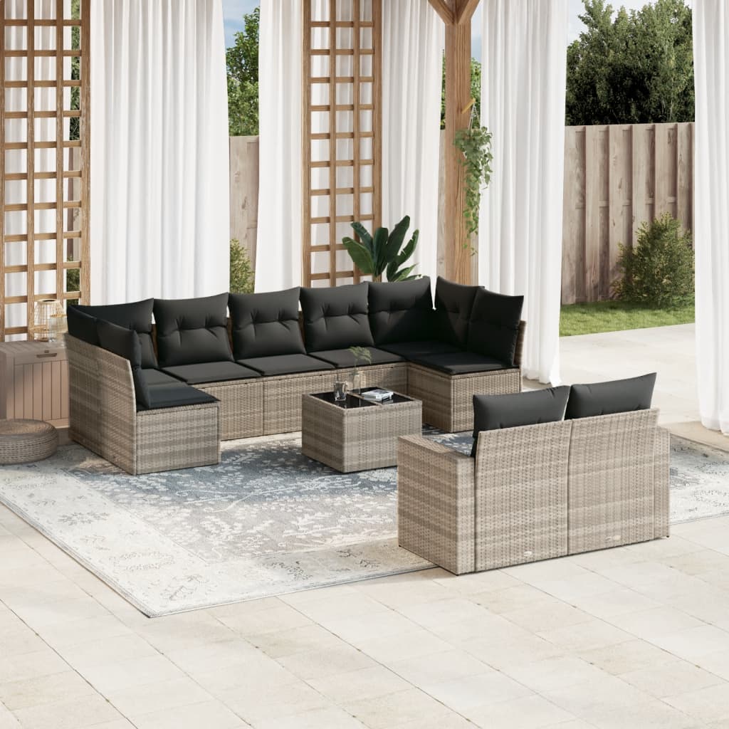 Set Divano Giardino 10 pz con Cuscini Grigio Chiaro Polyrattan | homemem39