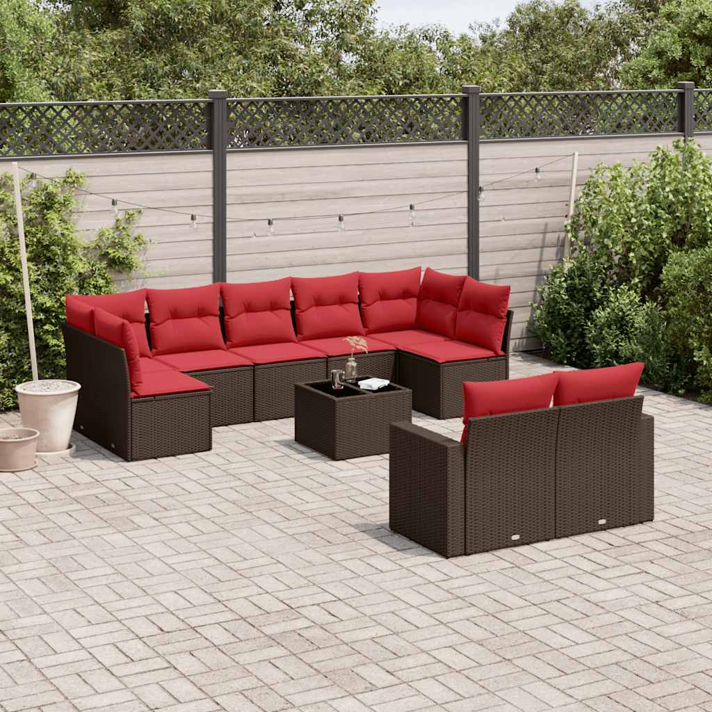 Set Divani da Giardino 10pz con Cuscini in Polyrattan Marrone | homemem39