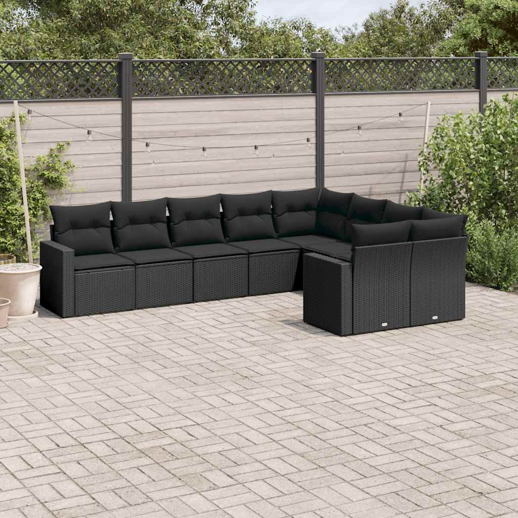Set Divani da Giardino 9 pz con Cuscini Nero in Polyrattan | homemem39