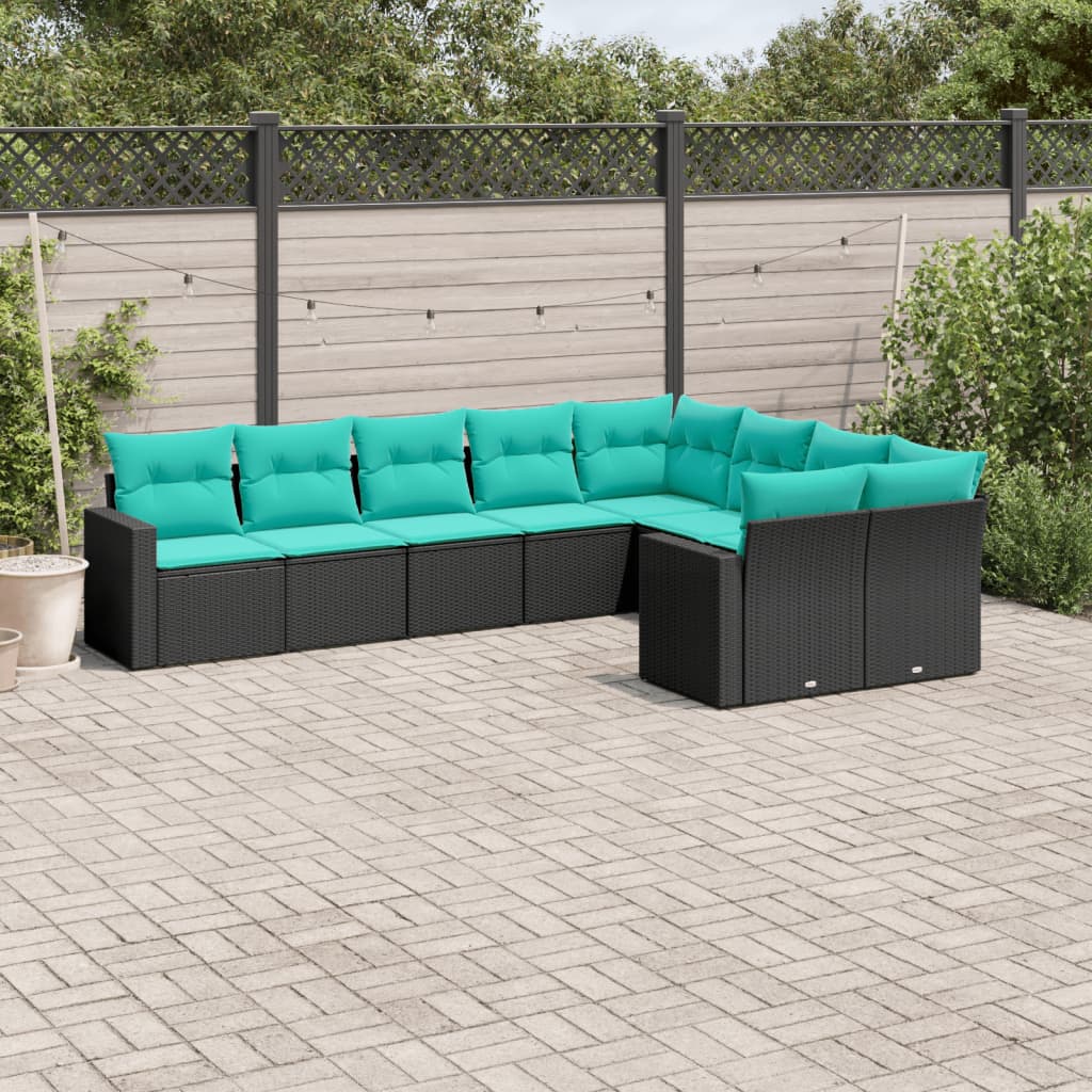 Set Divani da Giardino 9 pz con Cuscini Nero in Polyrattan | homemem39