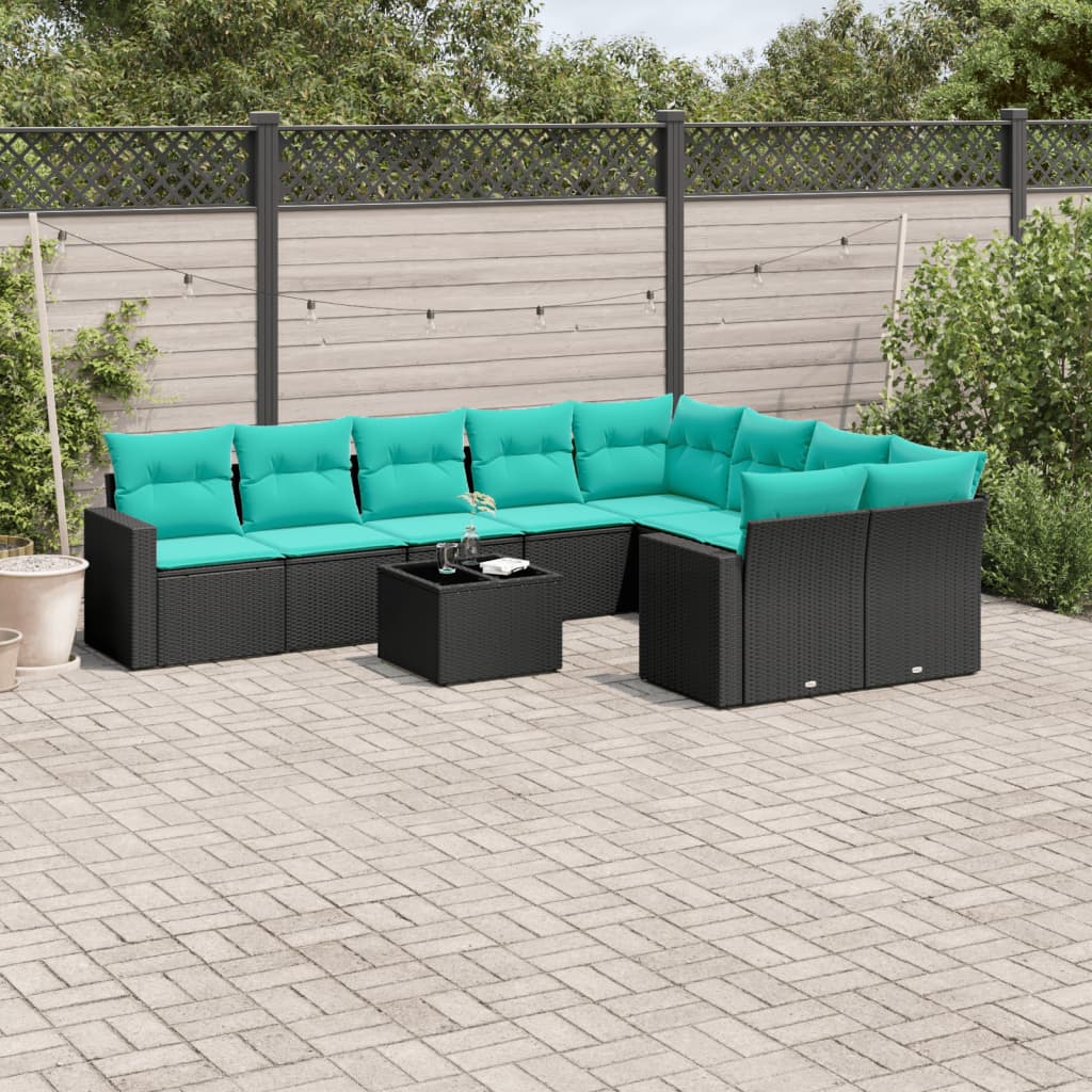 Set Divani da Giardino 10 pz con Cuscini Nero in Polyrattan - homemem39
