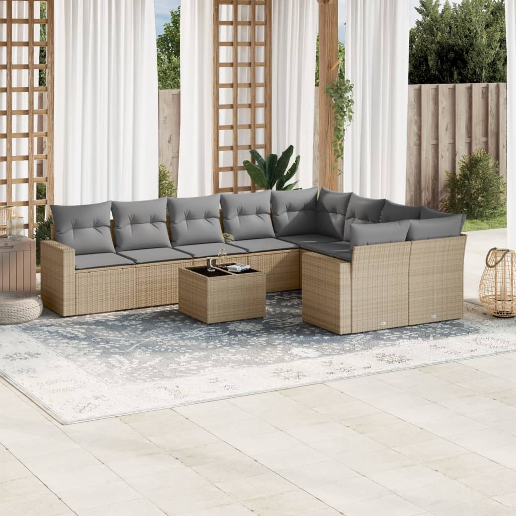 Set Divano da Giardino 10 pz con Cuscini Beige in Polyrattan | homemem39
