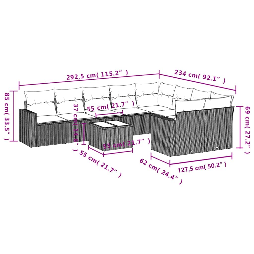 Set Divano Giardino 10 pz con Cuscini Grigio Chiaro Polyrattan | homemem39
