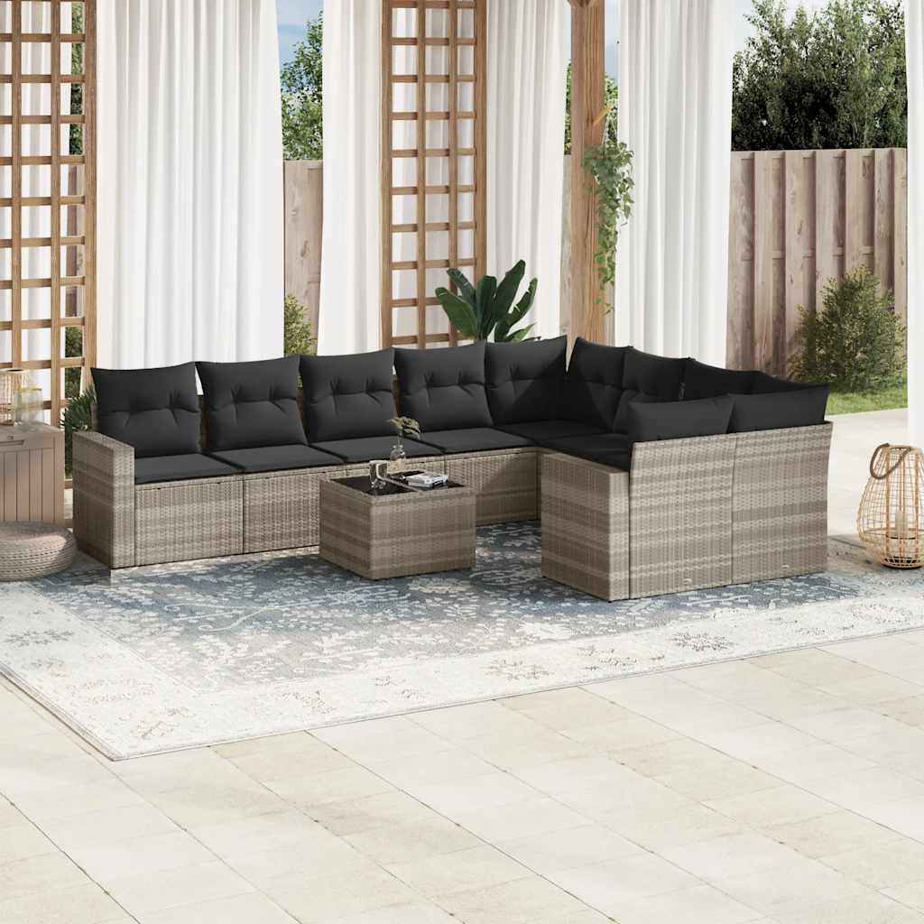 Set Divano Giardino 10 pz con Cuscini Grigio Chiaro Polyrattan