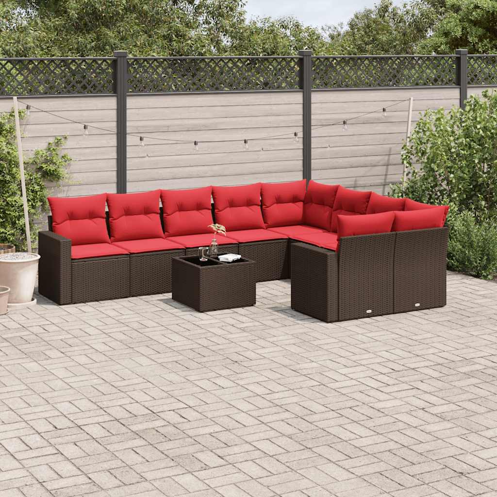 Set Divani da Giardino 10pz con Cuscini in Polyrattan Marrone | homemem39