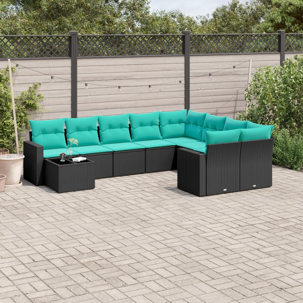 Set Divani da Giardino 10 pz con Cuscini Nero in Polyrattan | homemem39