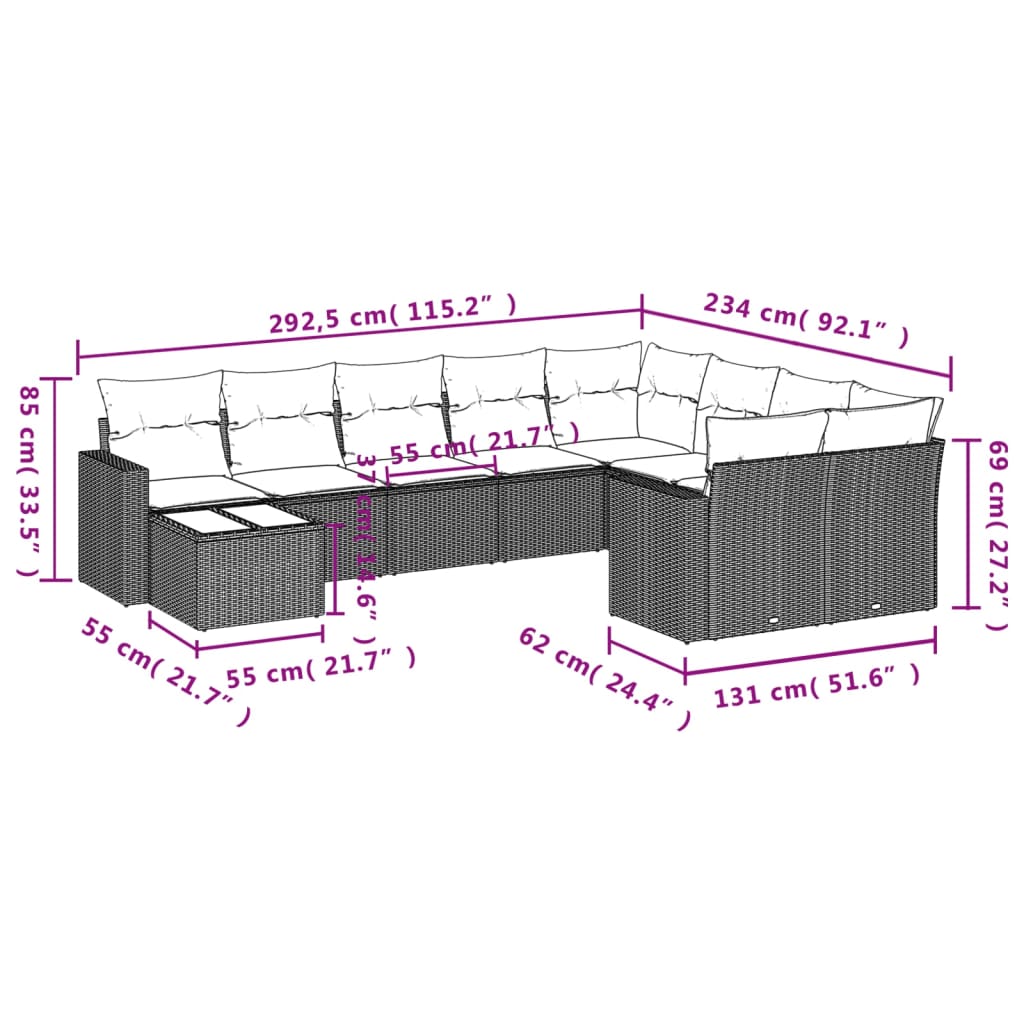 Set Divano da Giardino 10 pz con Cuscini Grigio in Polyrattan | homemem39
