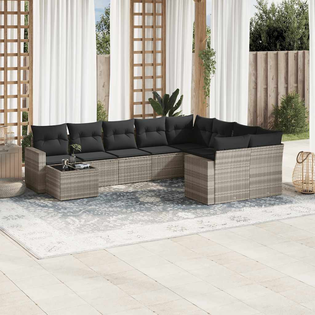 Set Divano da Giardino 10 pz con Cuscini Grigio in Polyrattan