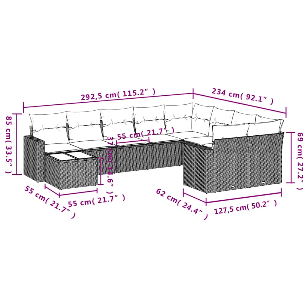 Set Divani da Giardino 10pz con Cuscini in Polyrattan Marrone | homemem39