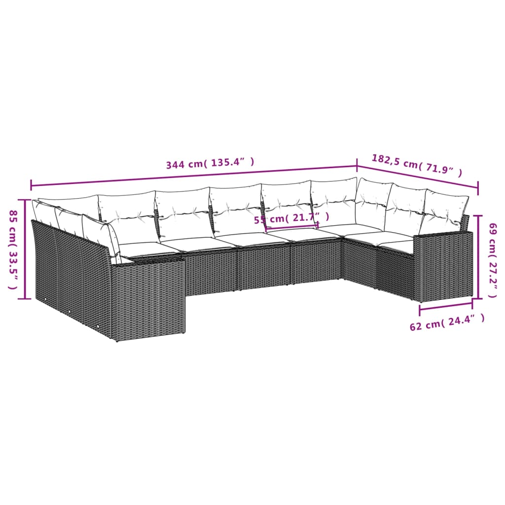 Set Divani da Giardino 10 pz con Cuscini Nero in Polyrattan | homemem39