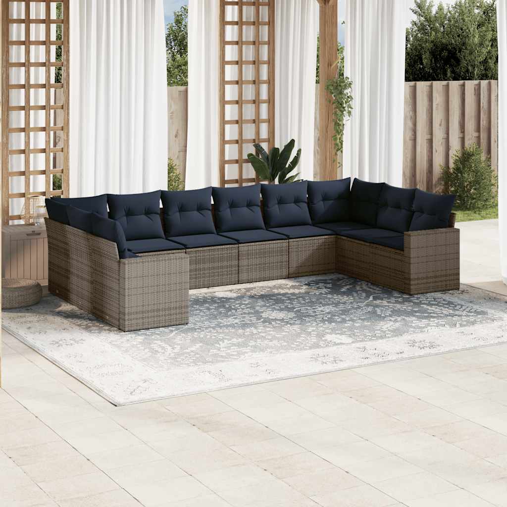 Set Divani da Giardino 10 pz con Cuscini Grigio in Polyrattan | homemem39
