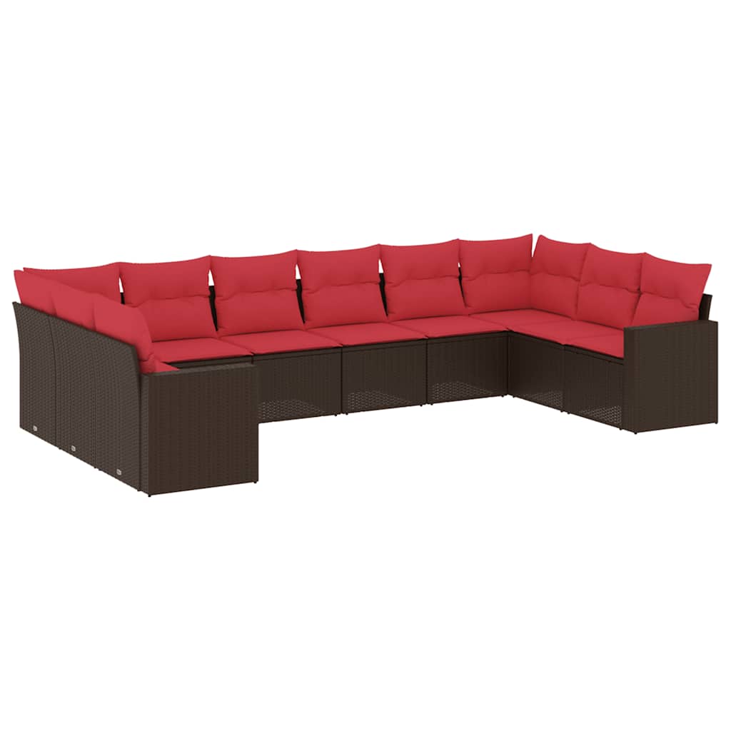 Set Divani da Giardino 10pz con Cuscini in Polyrattan Marrone