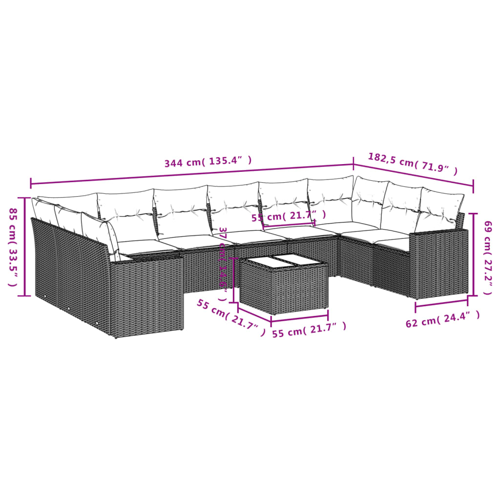 Set Divani da Giardino 11 pz con Cuscini in Polyrattan Nero | homemem39