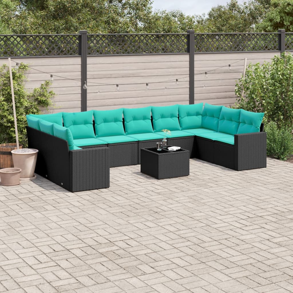 Set Divani da Giardino 11 pz con Cuscini in Polyrattan Nero | homemem39