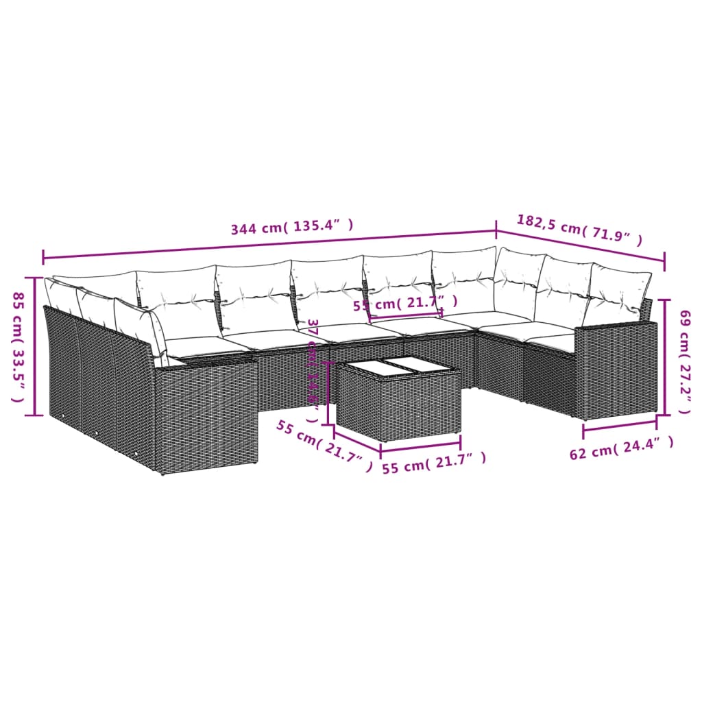 Set Divani da Giardino 11 pz con Cuscini in Polyrattan Grigio | homemem39