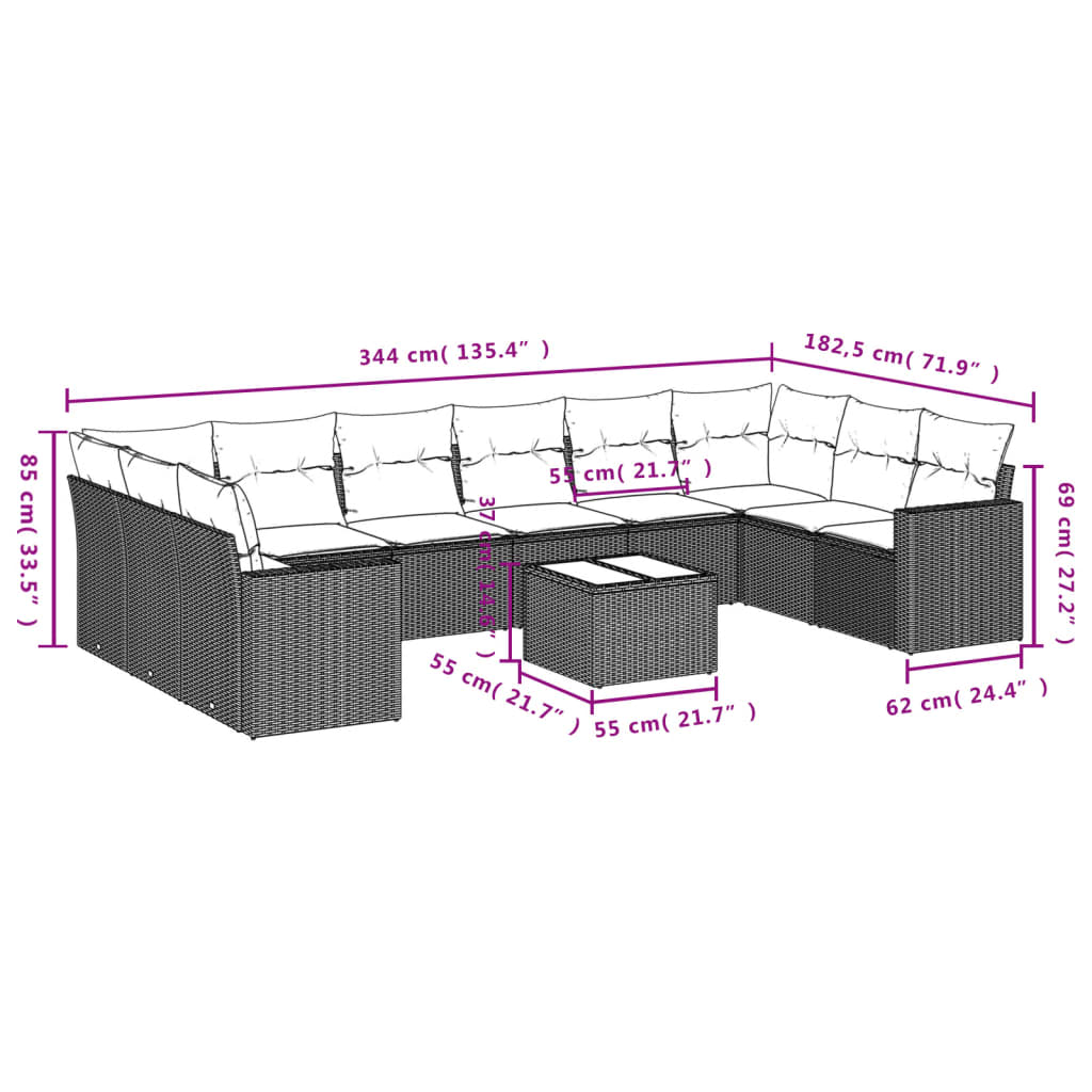 Set Divani da Giardino 11 pz con Cuscini Polyrattan Marrone | homemem39