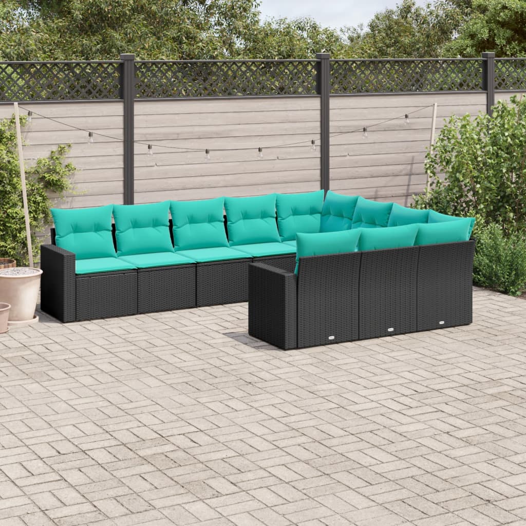 Set Divani da Giardino 10 pz con Cuscini Nero in Polyrattan | homemem39